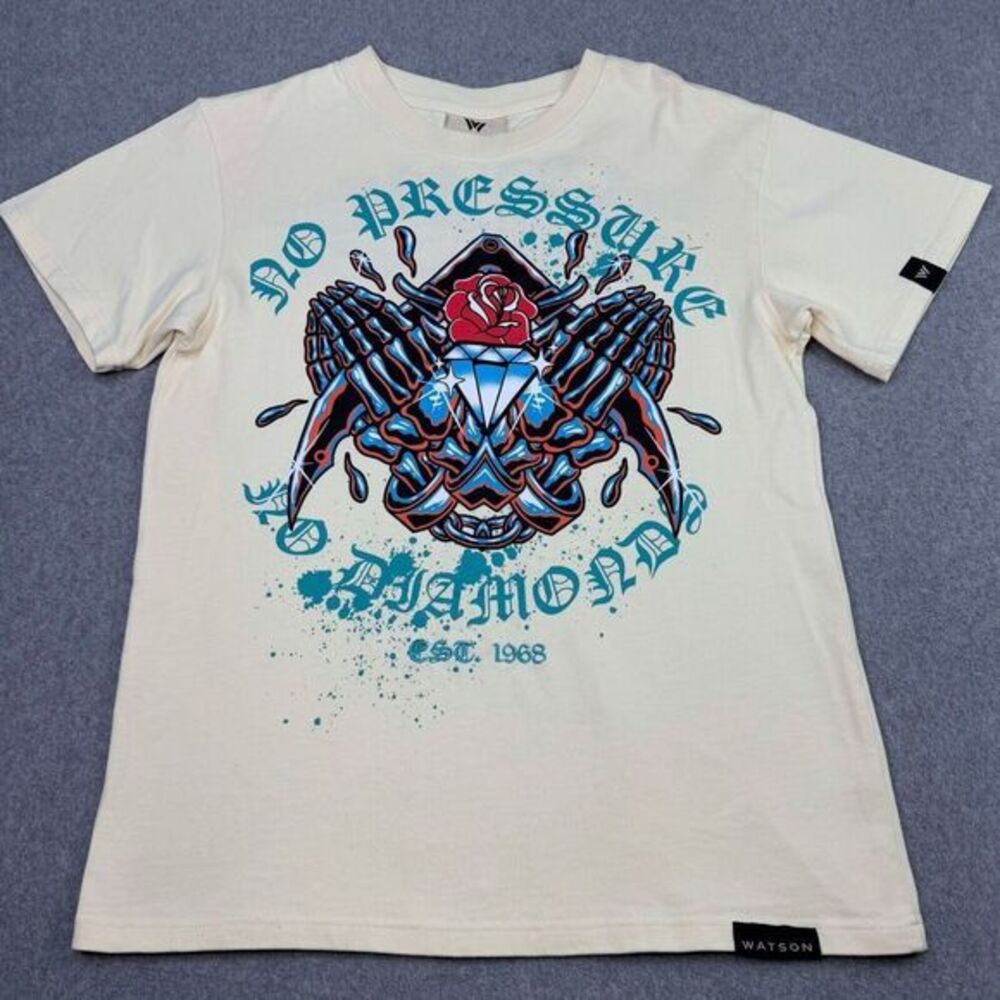 Watson Mens Embroidered T-Shirt Beige No Pressure Graphic Short Sleeve SIze‎ S